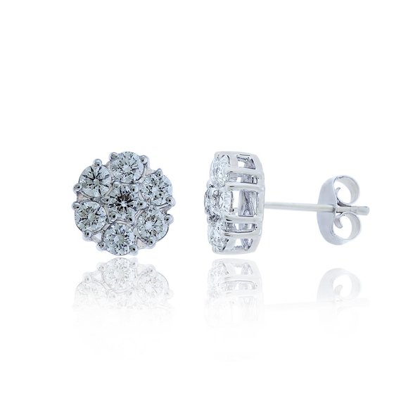 1.00 Carat Round Cut Diamond Cluster Stud Earrings 14K White Gold - Picture 3 of 5
